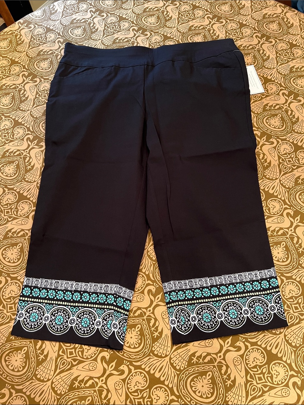 Christopher & Banks Women's Black Capris Pants with Turquoise White Green Hem